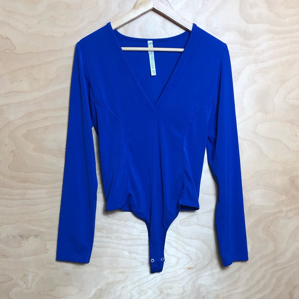 Free People Long Sleeve Blue Bodysuit V Neck Stretch Womens Size L.